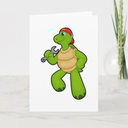 Schildpad als monteur met sleutel & pet kaart (Voorkant)