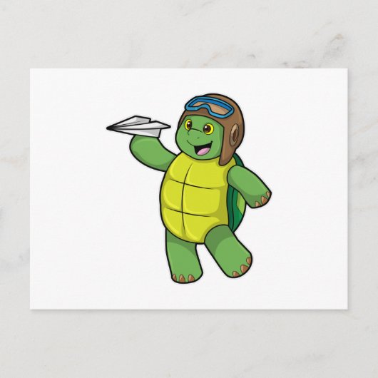 Schildpad als piloot met papieren vliegtuig briefkaart (Voorkant)