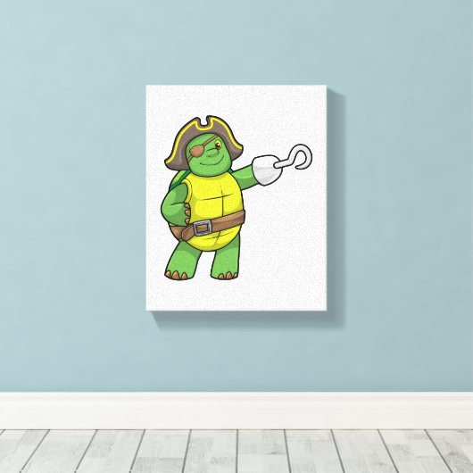 Schildpad als Piraat met gebookte hand- en oogpatc Canvas Afdruk (Insitu (Houten vloer))
