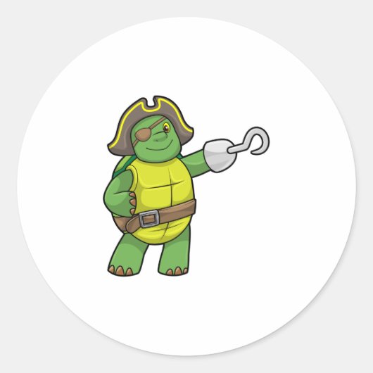 Schildpad als Piraat met gebookte hand- en oogpatc Ronde Sticker (Voorkant)