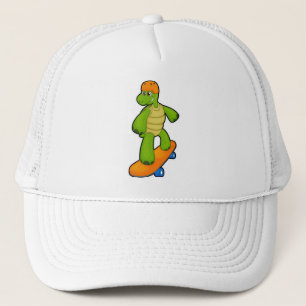 Schildpad als skateboarder met skateboard en helm trucker pet