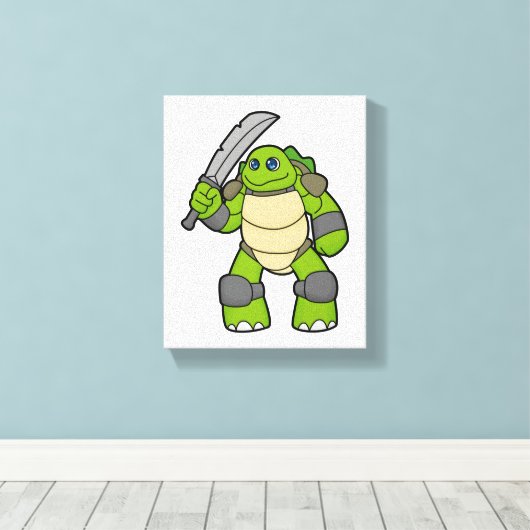 Schildpad als Warrior met zwaard Canvas Afdruk (Insitu (Houten vloer))