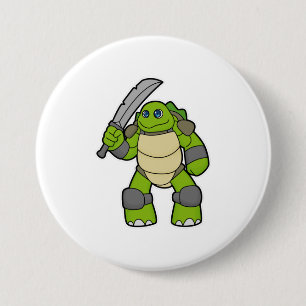 Schildpad als Warrior met zwaard Ronde Button 7,6 Cm
