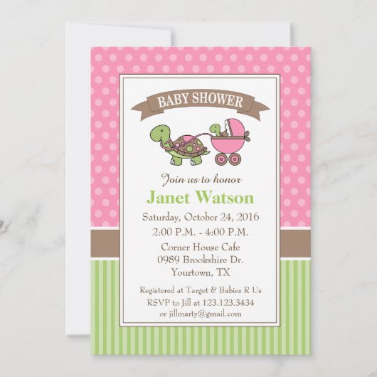 Schildpad baby shower uitnodiging roze (Voorkant)