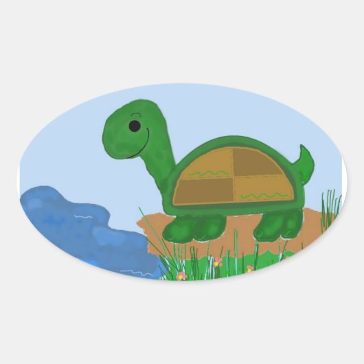 Schildpad bij de vijver ovale sticker (Voorkant)