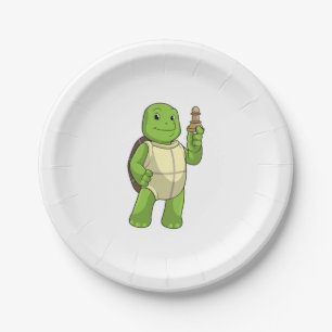 Schildpad bij het schaken met schaakstuk pion papieren bordje