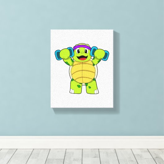 Schildpad bij Sterke training & Dumbbells Canvas Afdruk (Insitu (Houten vloer))