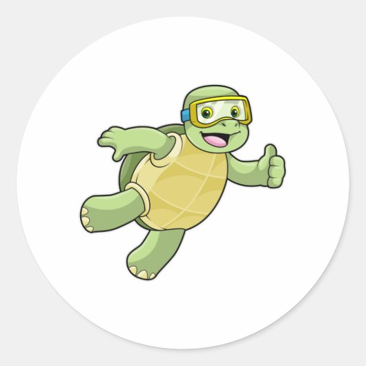 Schildpad bij zwemmen met zwembril ronde sticker (Voorkant)