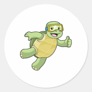 Schildpad bij zwemmen met zwembril ronde sticker