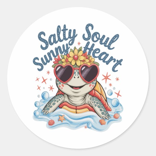 Schildpad Bloemen Zomer Strand Ronde Sticker (Voorkant)