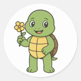 Schildpad die een bloem vasthoudt ronde sticker
