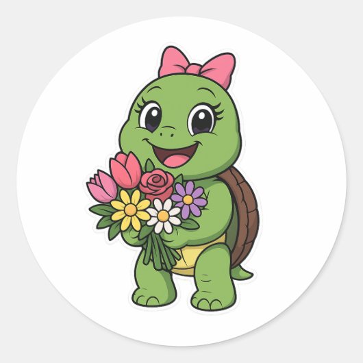 Schildpad die een bloem vasthoudt ronde sticker (Voorkant)