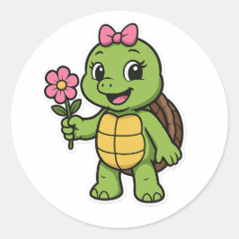 Schildpad die een bloem vasthoudt ronde sticker