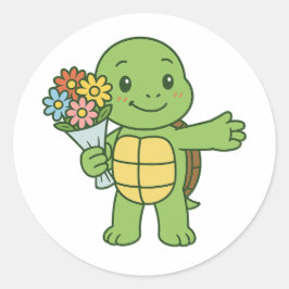 Schildpad die een boeket bloemen vasthoudt ronde sticker