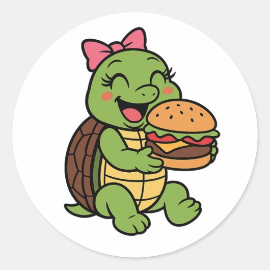 Schildpad die een hamburger eet ronde sticker (Voorkant)