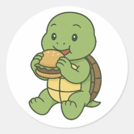 Schildpad die een hamburger eet  ronde sticker