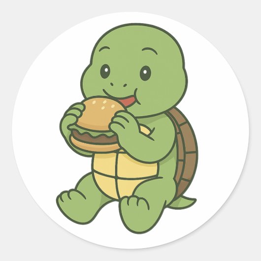 Schildpad die een hamburger eet  ronde sticker (Voorkant)