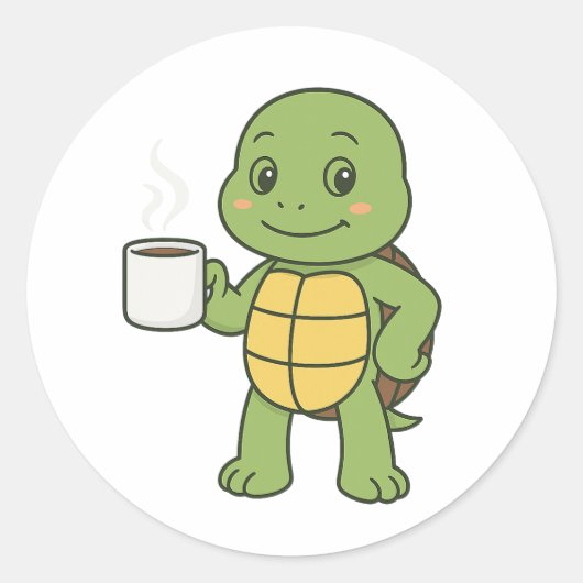 Schildpad die koffie drinkt ronde sticker (Voorkant)