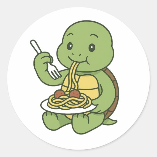 Schildpad die spaghetti eet  ronde sticker (Voorkant)