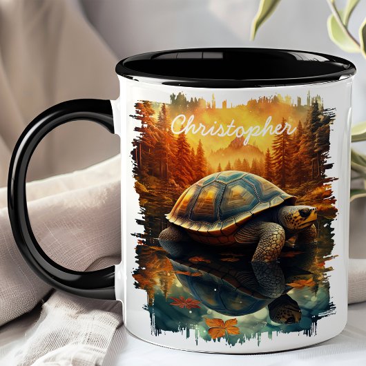Schildpad door herfst bosmeer reflectie mok