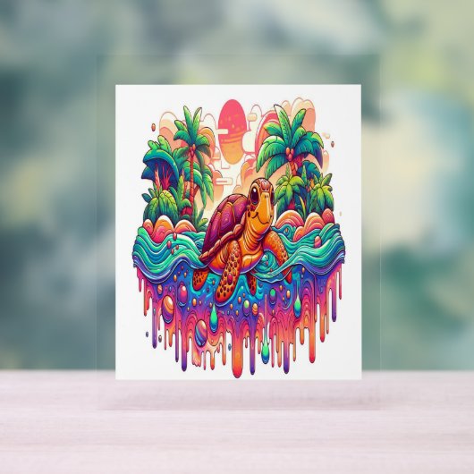 Schildpad drijft in vloeibare tuin. acryl bord (Neutraal)