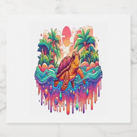 Schildpad drijft in vloeibare tuin. sparkling wijnetiket (Enkel label)