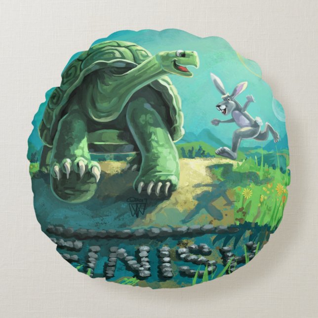 Schildpad en de Haas Kunst Rond Kussen (Voorkant)