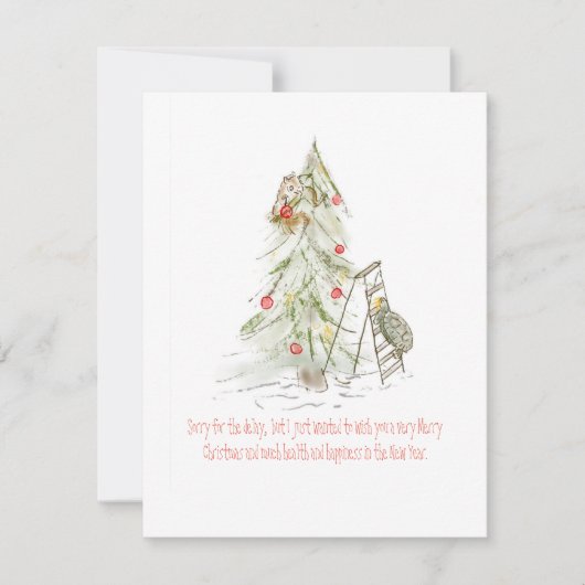 Schildpad en eekhoorn met een late kerstboom feestdagenkaart (Voorkant)