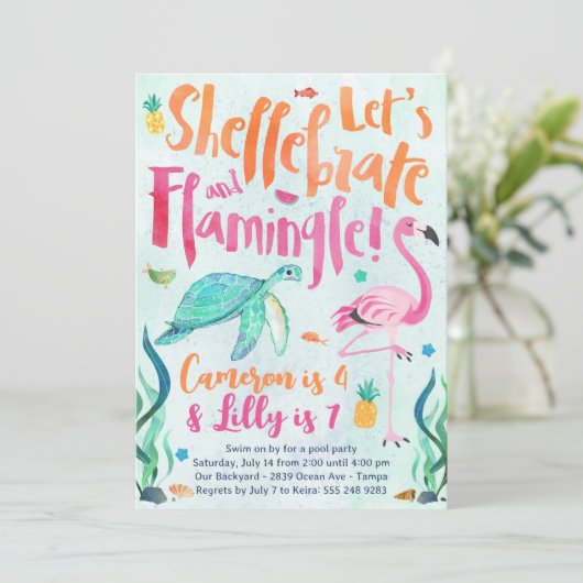 Schildpad en Flamingo Verjaardagsfeestuitnodiging Kaart (Staand voorkant)