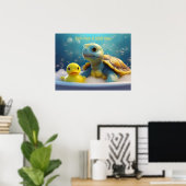 Schildpad en rubber eend in bad met aangepaste tek poster (Thuiskantoor)