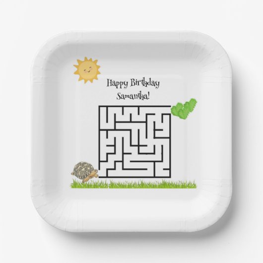 Schildpad en sla, verjaardagsdoolhof papieren bord (Voorkant)