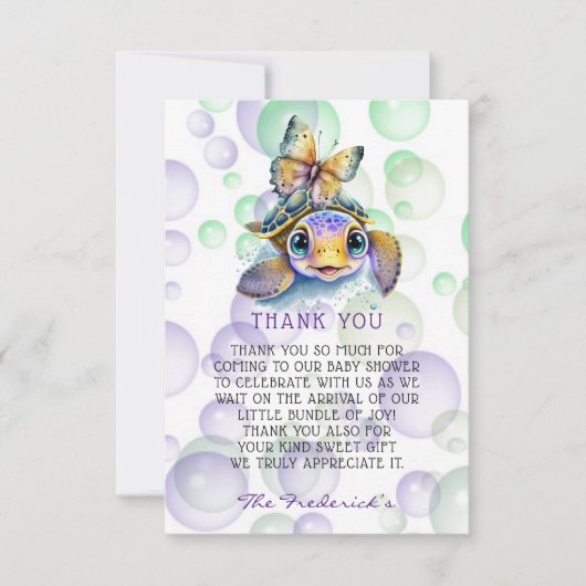 Schildpad en Vlinder Baby shower Dank u Kaarten (Voorkant)
