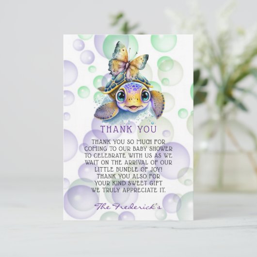 Schildpad en Vlinder Baby shower Dank u Kaarten (Staand voorkant)