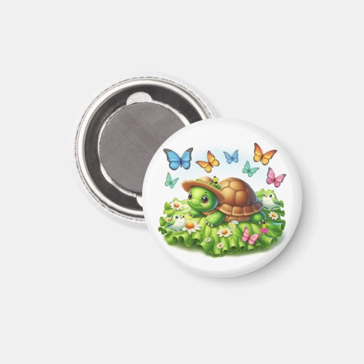 Schildpad en vogels in een grillige tuin magneet (Voorkant / Achterkant)