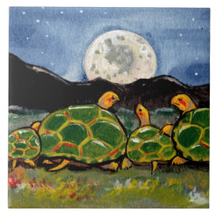 Schildpad Familie en Moon Nachtscène 6" Tegel Triv Tegeltje