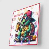 Schildpad geniet van een drink op een zomerfeest vierkante klok (Hoek)