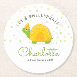 Schildpad, groen geel, kind jarig ronde kartonnen onderzetter