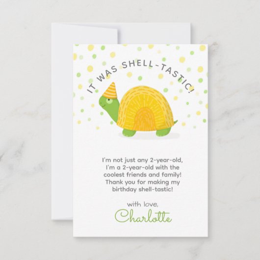Schildpad, groen geel, kinderverjaardag bedankkaart (Voorkant)