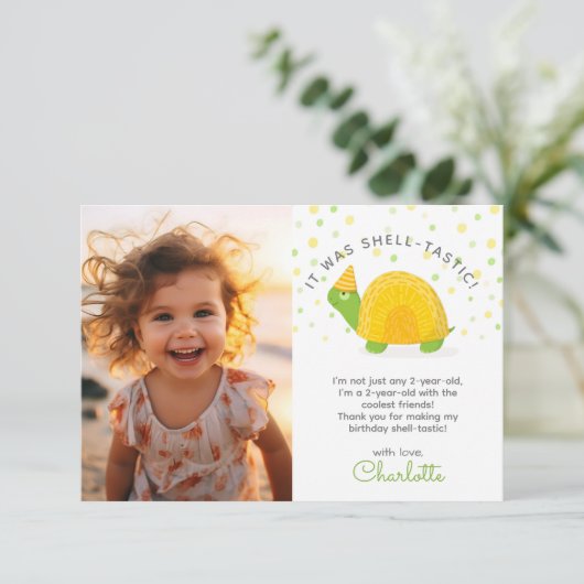 Schildpad, groen geel, kinderverjaardagsfoto bedankkaart (Staand voorkant)