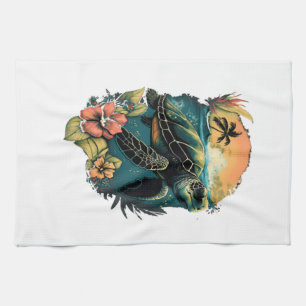 Schildpad Hawaiaanse Zeeschildpadden Hibiscus Bloe Theedoek
