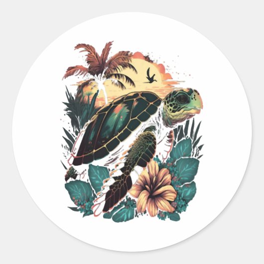 Schildpad Hawaiiaans Zee Schildpadden Hibiscus Flo Ronde Sticker (Voorkant)