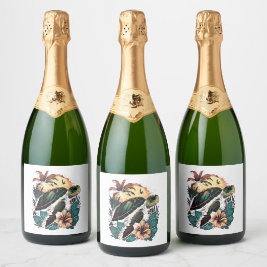 Schildpad Hawaiiaans Zee Schildpadden Hibiscus Flo Sparkling Wijnetiket (Flessen)
