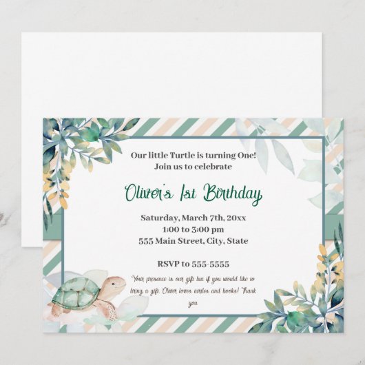 Schildpad jongen verjaardagsuitnodiging schattige  kaart (Voorkant / Achterkant)