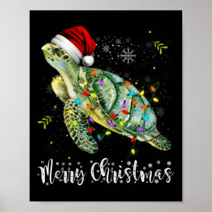 Schildpad Kerstman Hoed Vrolijke Kerstverlichting Poster