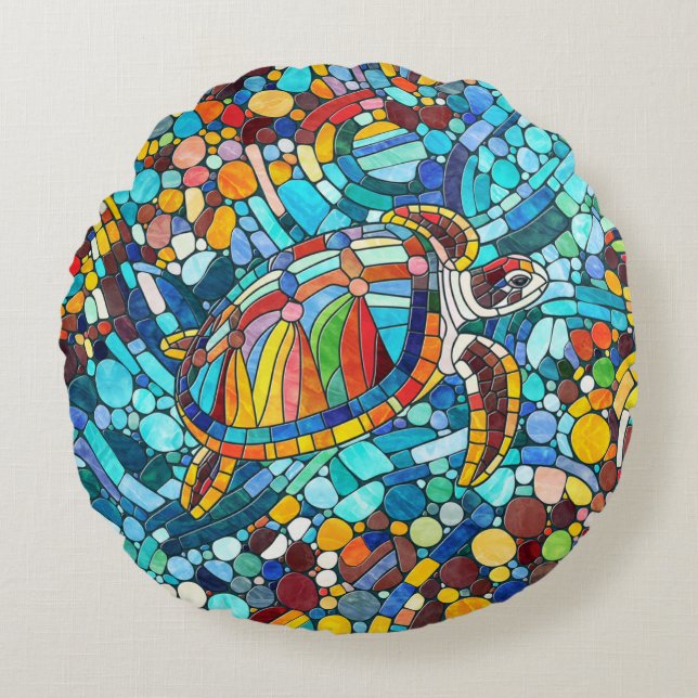 Schildpad Kleurrijke mozaïek kunst Rond Kussen (Voorkant)