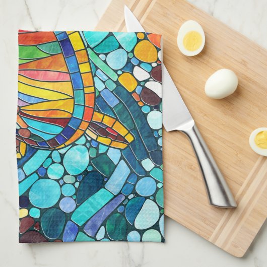 Schildpad Kleurrijke mozaïek kunst Theedoek (Quarter Fold)