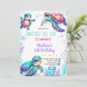 Schildpad meisje feest thema uitnodiging (Staand voorkant)