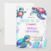 Schildpad meisje feest thema uitnodiging (Voorkant / Achterkant)