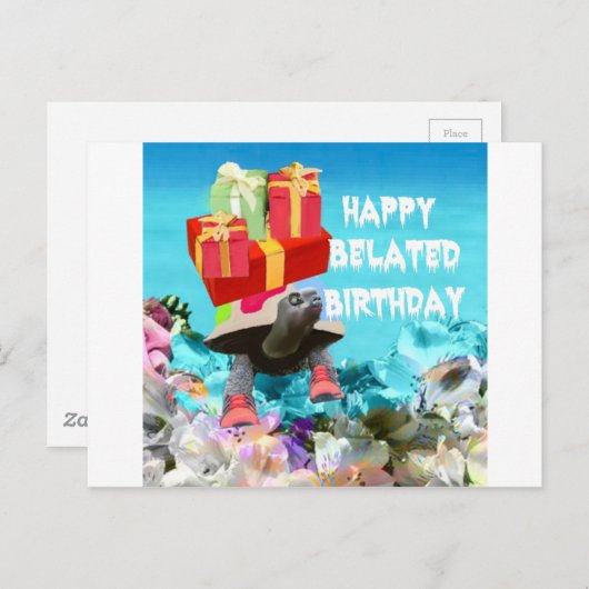 Schildpad met cadeau voor late verjaardag briefkaart (Voorkant / Achterkant)