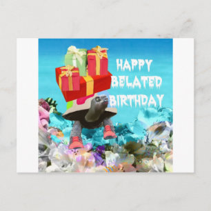 Schildpad met cadeau voor late verjaardag briefkaart